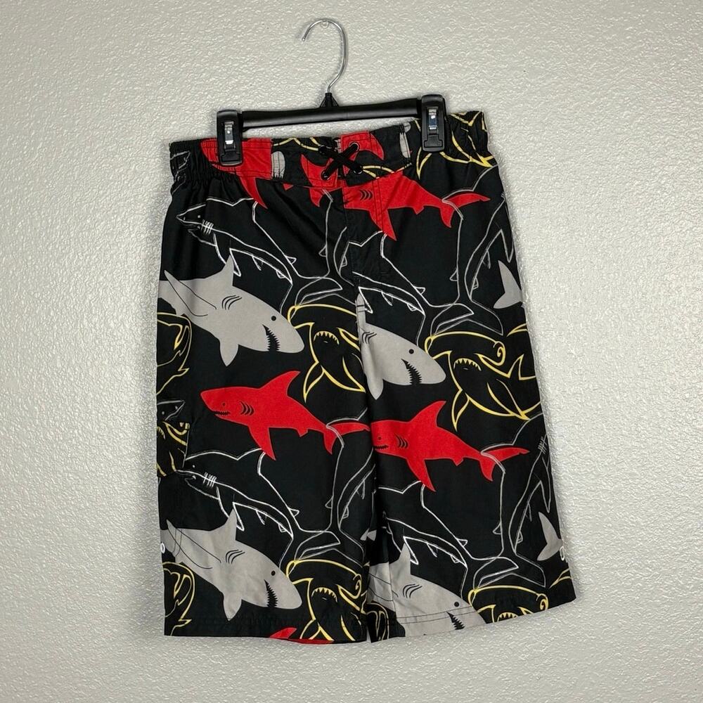 OP Boys Size XL (14-16) Shark Black Grey Red Long Polyester Swim Trunks Shorts